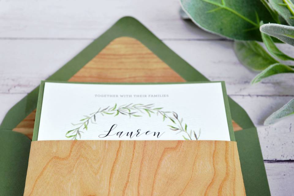 Envelope Liners and bellybands in Cherrywood paper for the ultimate rustic wedding invitations.