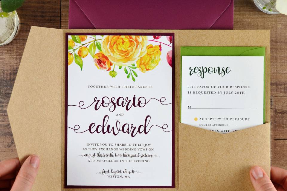 Easy DIY pocket wedding invitations in Straw Kraft and Burgundy and a free invitation template.
