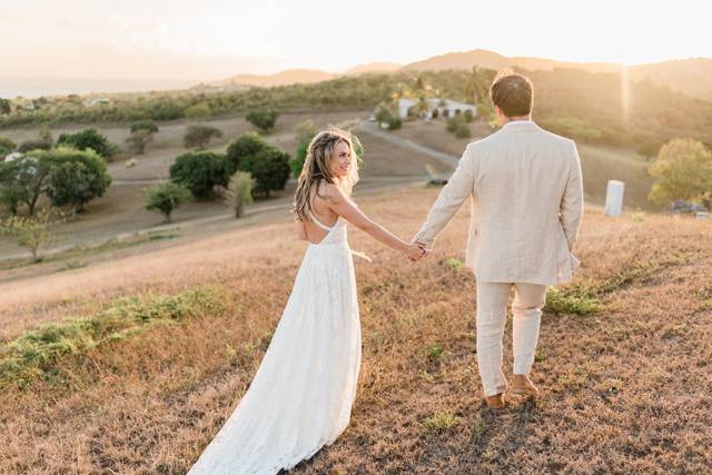 Couple walking towards sunset