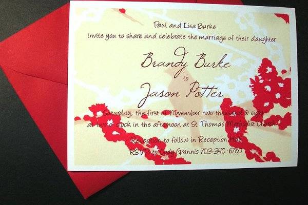 Digitally printed 5x7 bird detail wedding invitations