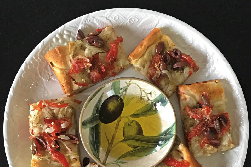 Focaccia with red peppers and olives