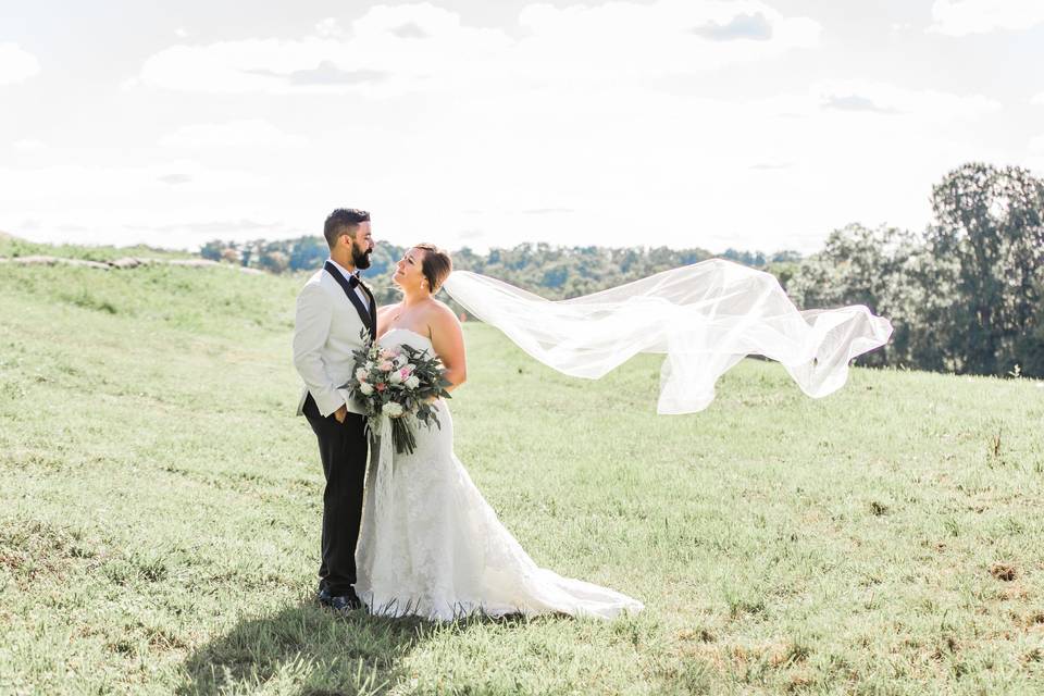Bride's veil blowing in the wind