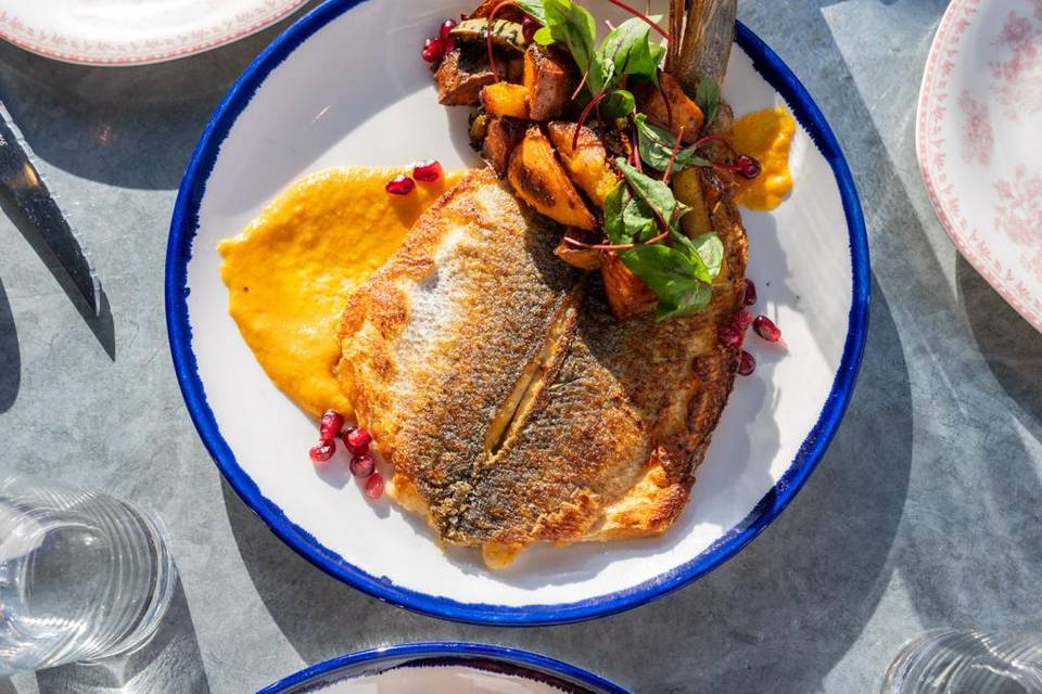 Branzino,romesco,sweet potato