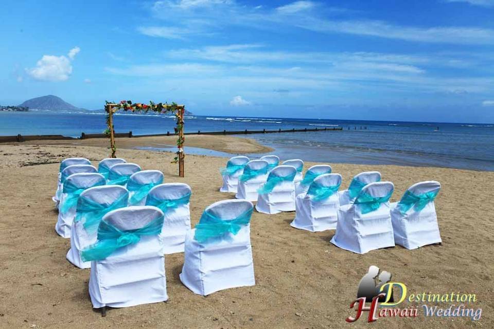 A sample beach setup on the beach near Kahala Hotel in Honolulu, Hawaii.  Location: Waialae Beach, Oahu, Hawaii