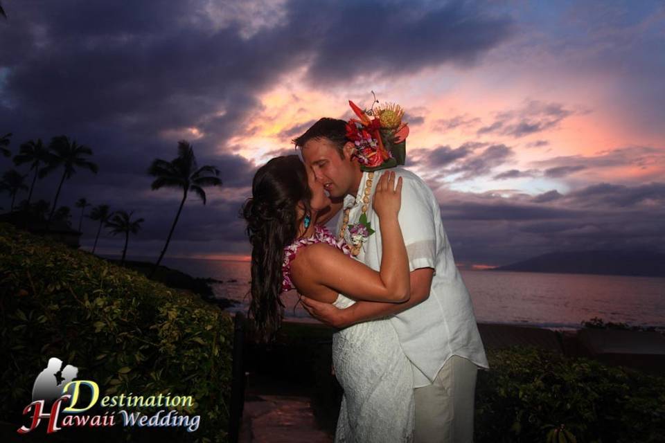Our favorite wedding site on Maui.  Wailea Beach is one of the best beach destination wedding venues at sunset on Maui.  Sunset is always reliably spectacular.  It's located behind the Four Seasons Resort in Wailea.  You may have your beauty services done at Orchid Salon located at the Four Seasons Resort.