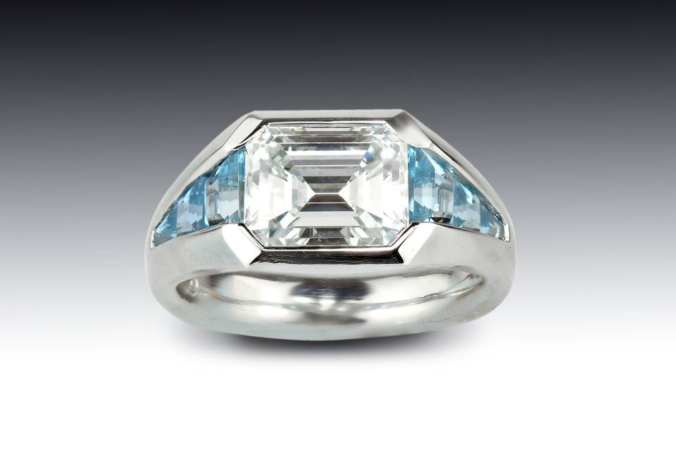 Emerald Cut Diamond Aqua Ring
