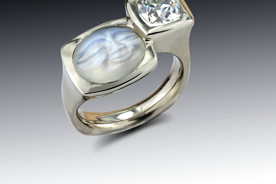 Carved Moonstone Diamond Ring