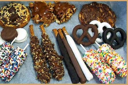 Assortment of chocolate dipped/drizzled items.