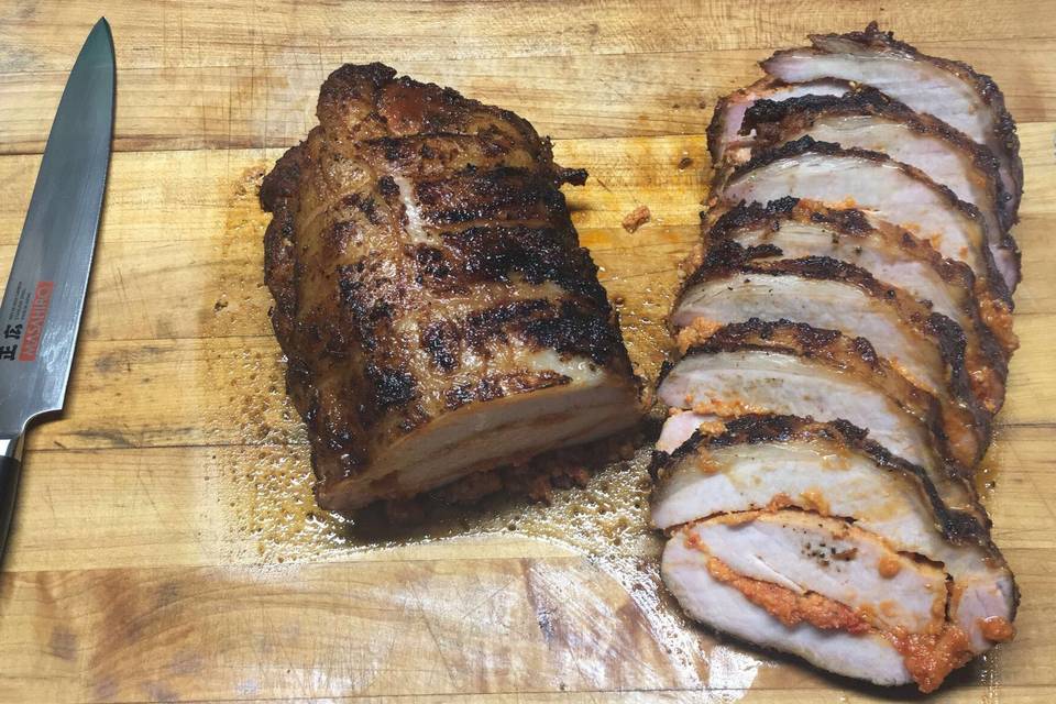 cherrywood smoked red pepper stuffed pork tenderloin