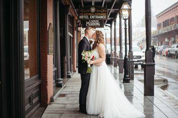 Bride and groom kiss