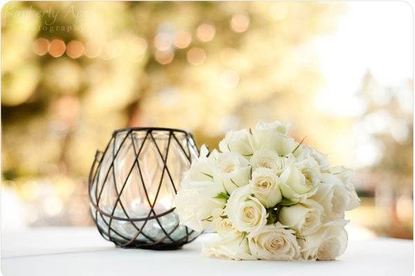 Simple and elegant White Rose bouquet for a wedding in Costa Mesa at The Promenade.