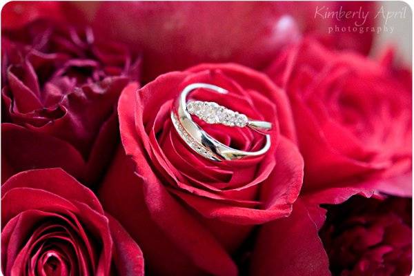 Rings on the Bride's bouquet.