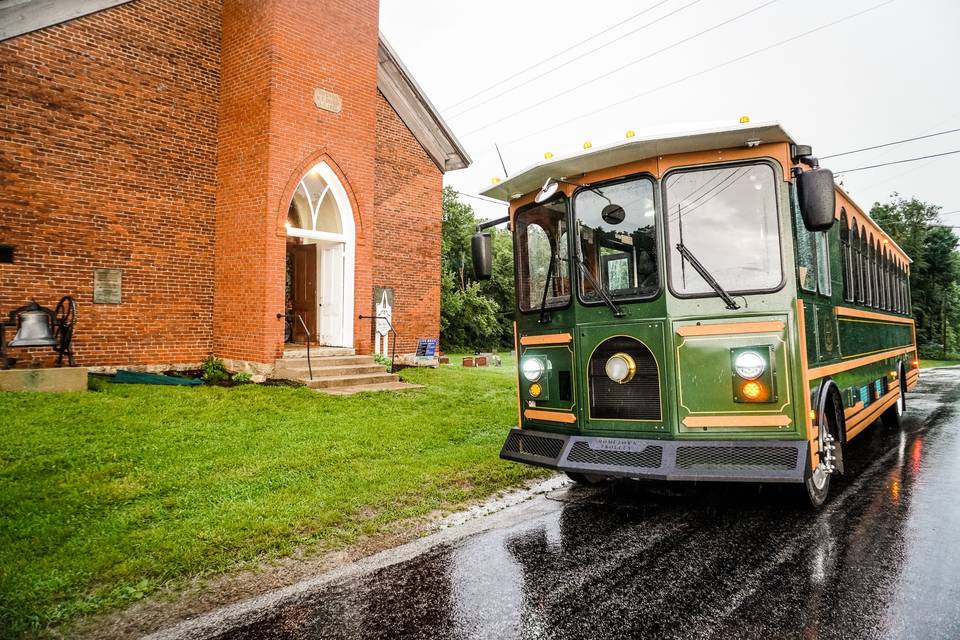 Trolley outside church