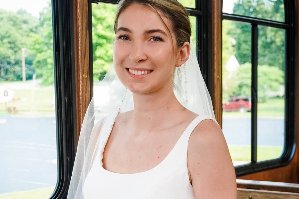 Bride sitting inside Trolley