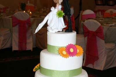 Gerber Daisy Cake with Custom Bride & Groom Toppers