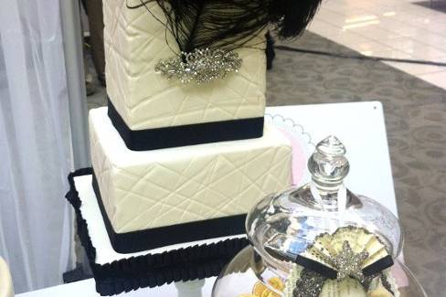 Vintage Black & White Cake with Crystals and Black Feather