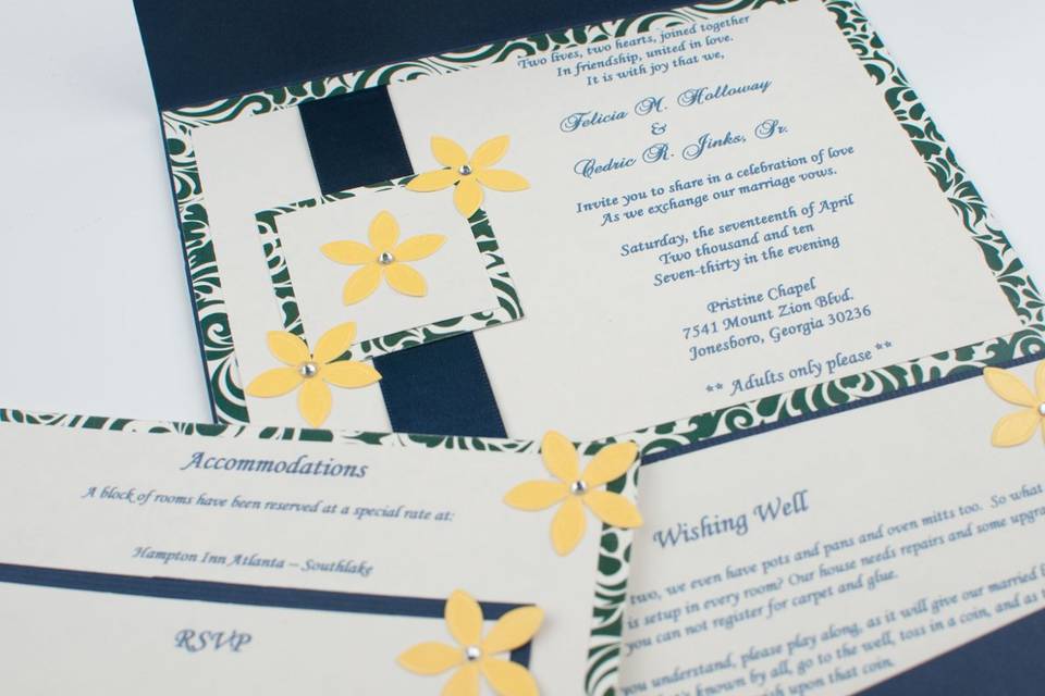 Blue, Yellow and Green Springtime Splendor Pocketfold Invitation