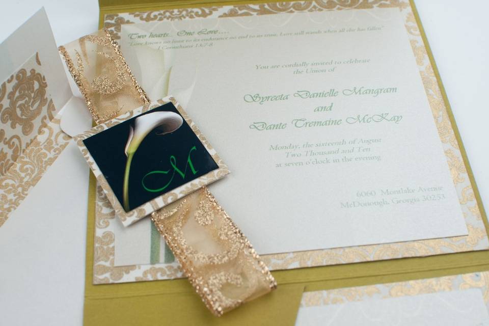 Green and Gold Lavish Lily Pocketfold Invitation