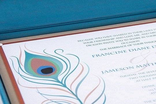 Turquoise and Rust Peacock Silk Box Invitation