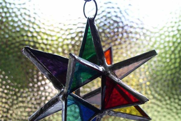 Stained Glass Rainbow Moravian Star Favor.  Designed to either hang or stand. Size: 2.5