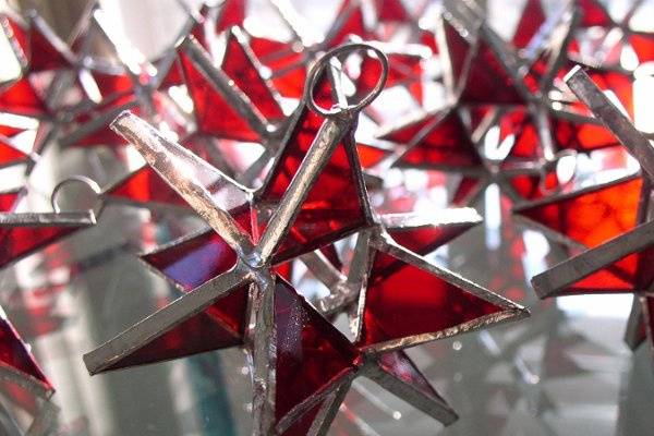 Stained Glass Ruby Red Moravian Star Favor.  Designed to either hang or stand. Size: 2.5