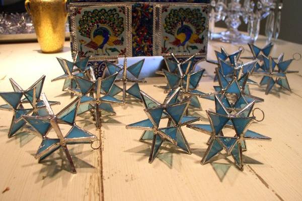 Stained Glass Opaque Turquoise  Moravian Star Favor.  Designed to either hang or stand. Size: 2.5