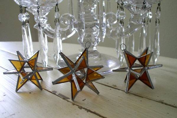 Stained Glass Topaz Moravian Star Favor.  Designed to either hang or stand. Size: 2.5