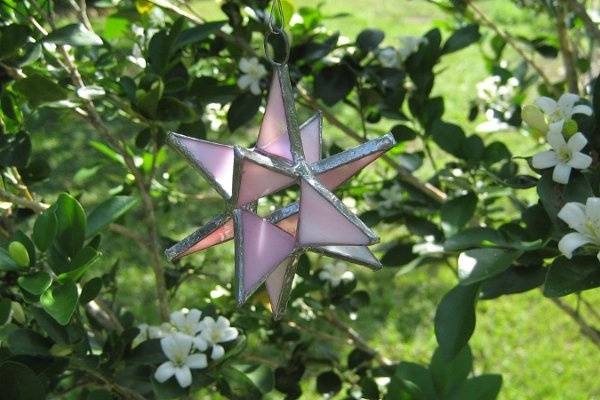 Stained Glass Pink Opal Moravian Star Favor.  Designed to either hang or stand. Size: 2.5