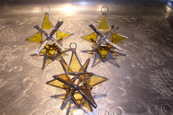 Stained Glass Yellow Gold Moravian Star Favor.  Designed to either hang or stand. Size: 2.5