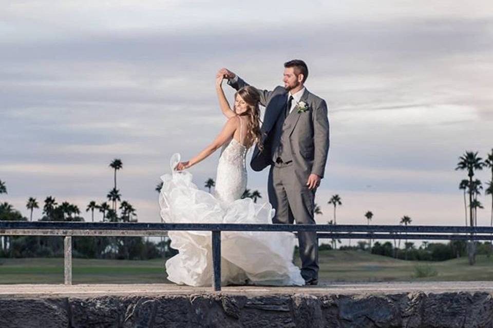 Newlyweds on bridge