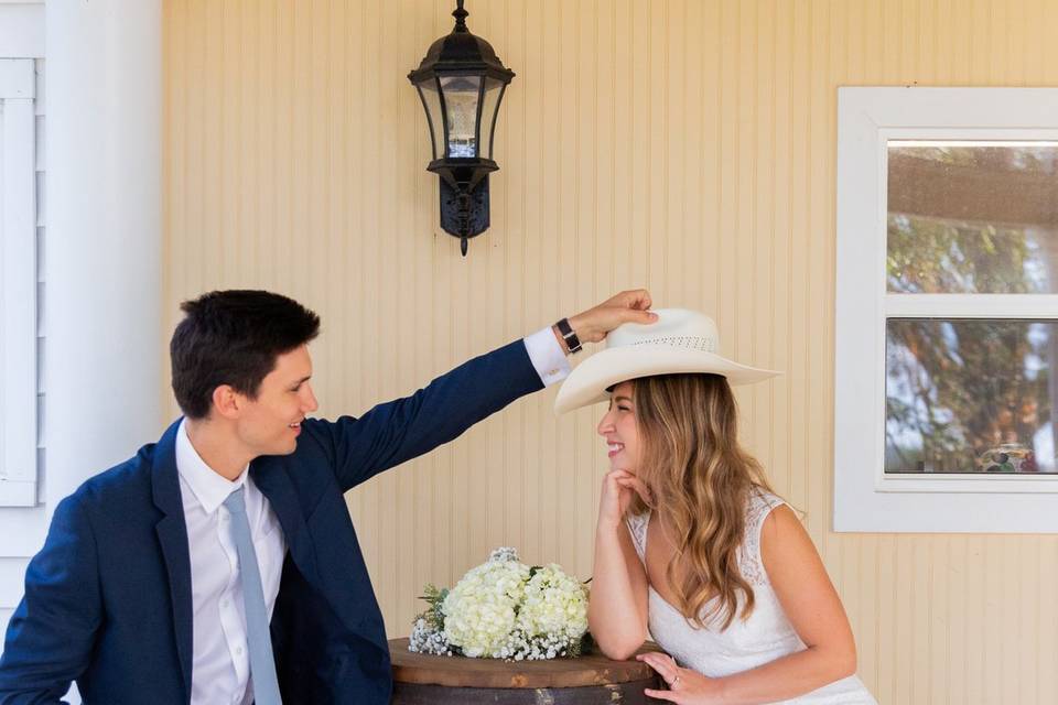 Bride and Groom on Back Porch