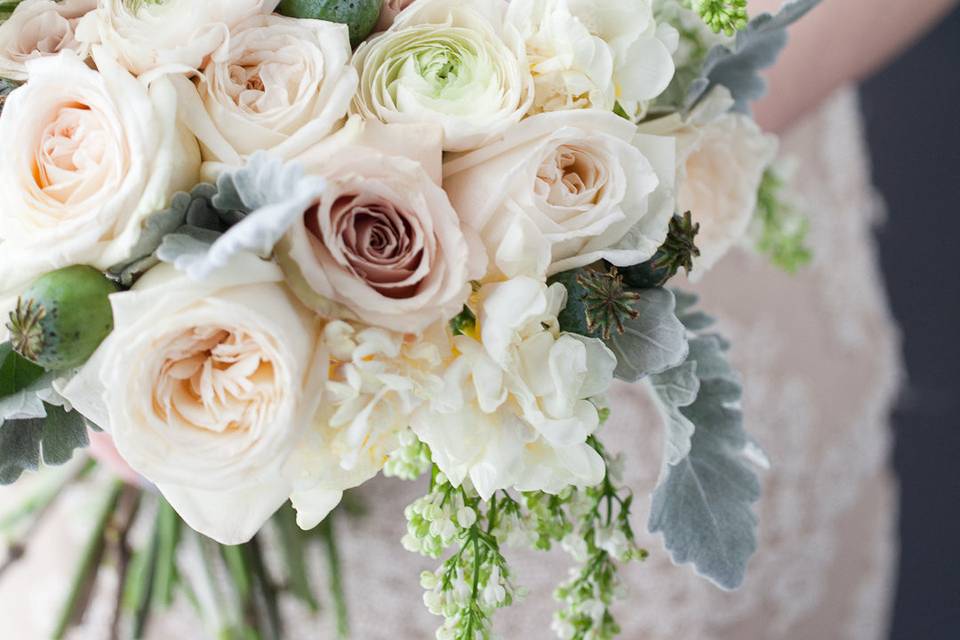 #vintage bridal bouquet with garden roses, lilac, succulent, dusty miller, ranonculus