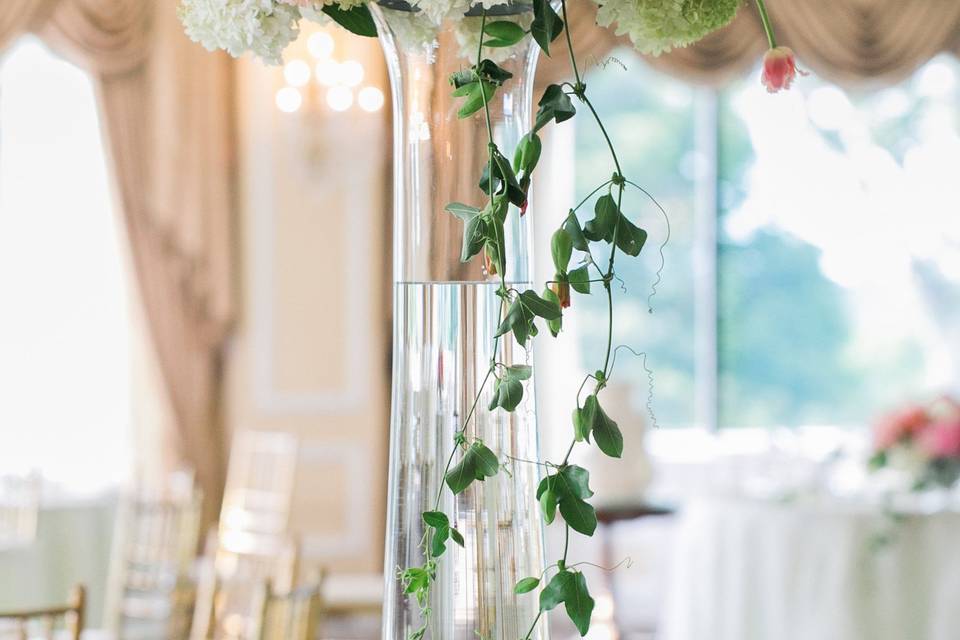 Tall centerpiece, romantic, white and pink, cascading fine passion vine