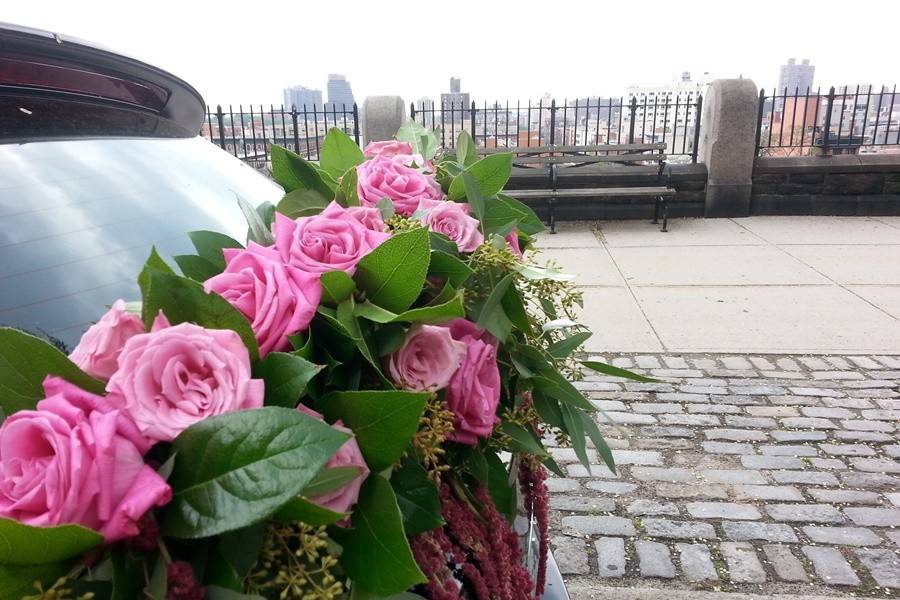 pink and green floral car garland