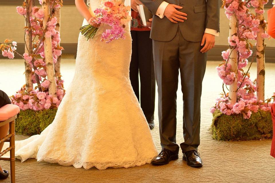 Customized pink Wedding Arch with cherry blossoms and birch