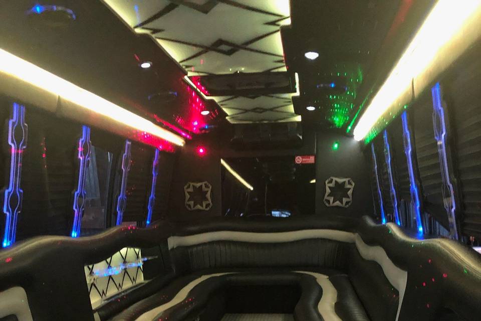 Inside 32 passenger limo bus