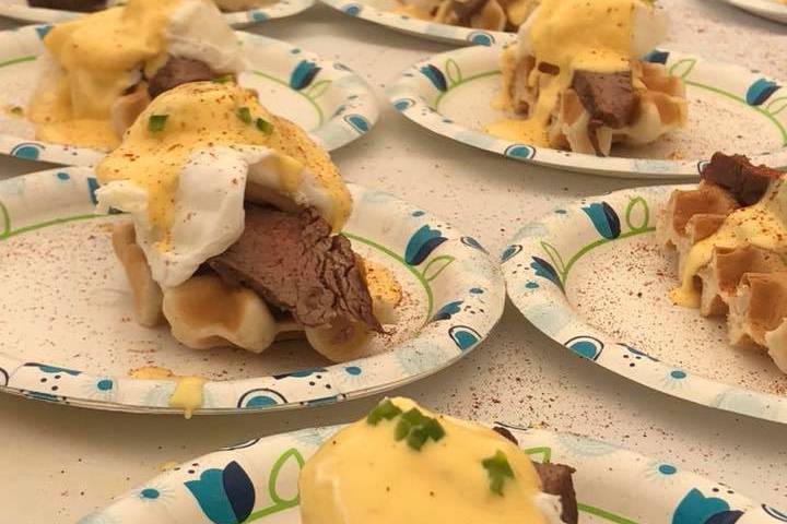 Onion waffle steak and eggs