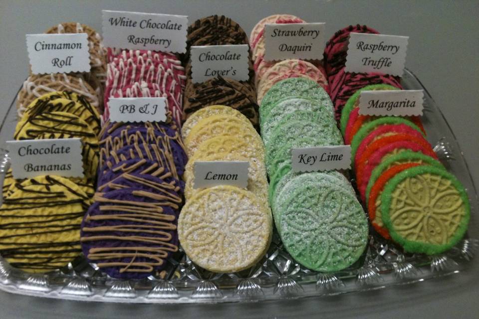 Tray of various pizzelle cookies