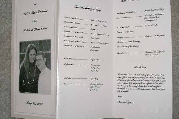 Picture of bride and groom and wedding ceremony agenda