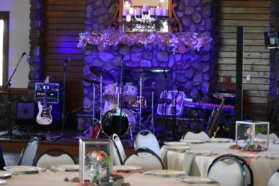 Inside venue at fireplace