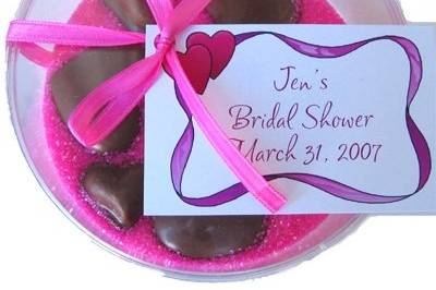 Chocolate hearts in Pink sand. Great for wedding showers, baby showers and more.