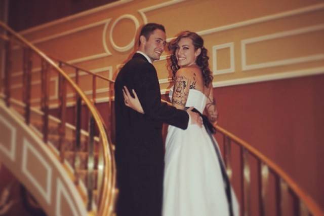 Newlyweds on the staircase