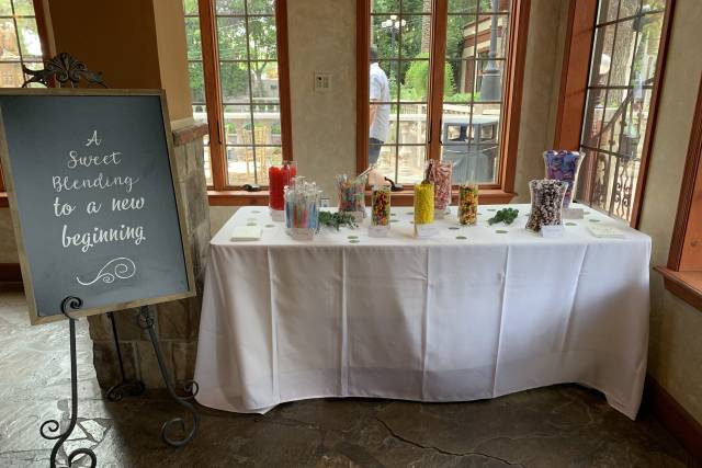 Welcome sign and table