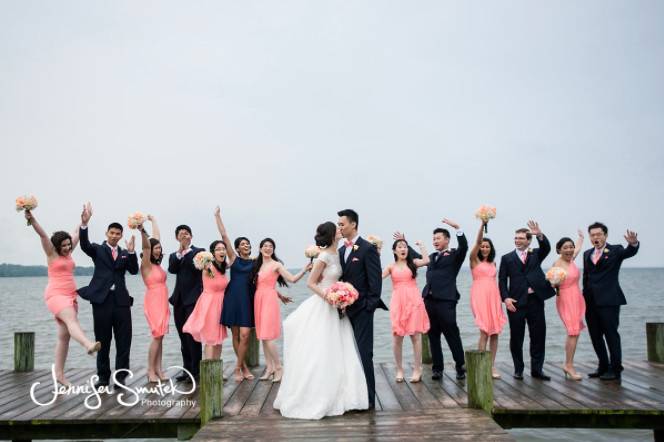 The couple with the bridesmaids and groomsmen