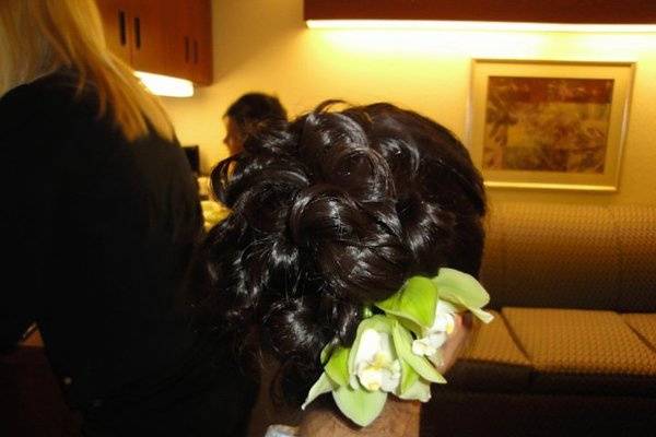 The bride's updo hair