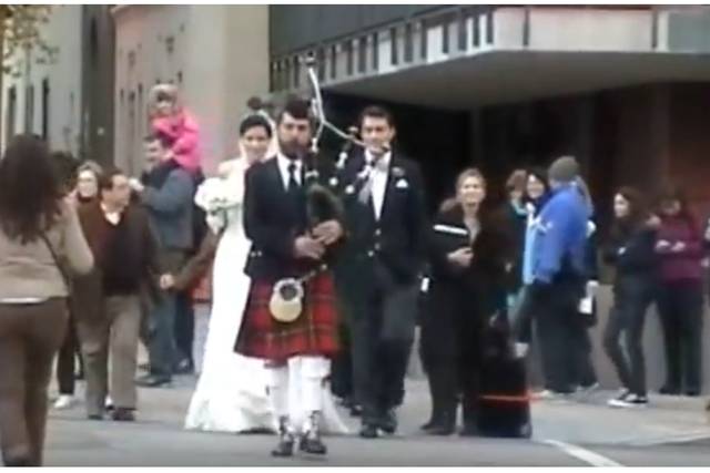 Playing the bagpipes