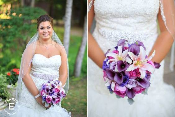 Summer colors of romantic roses and lilies make this bridal bouquet the perfect color combination