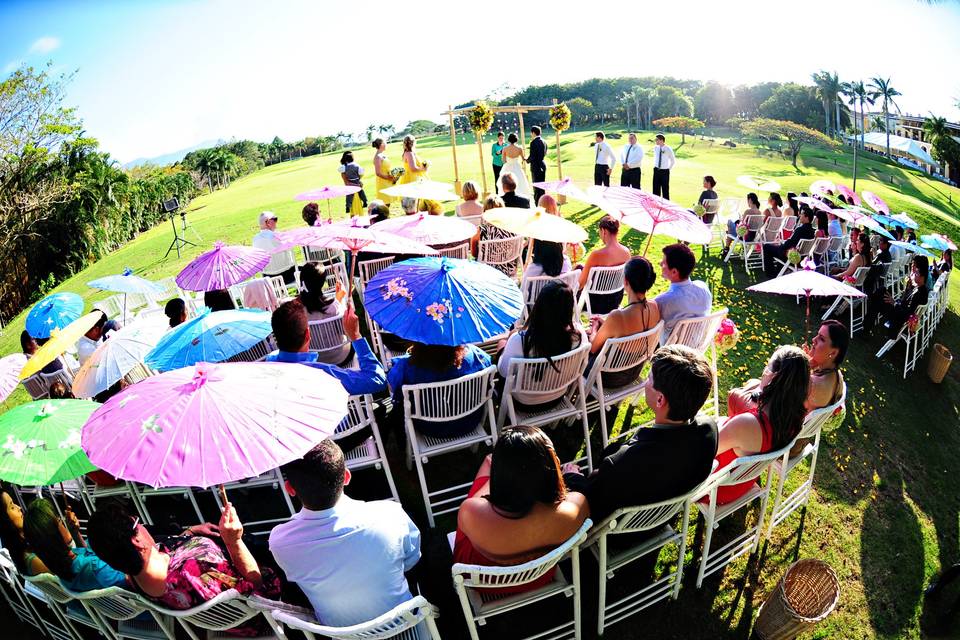 Ceremony with colorful umbrellas