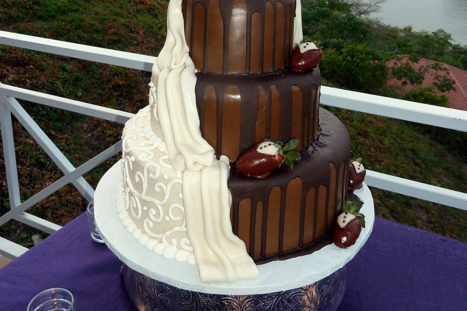 Brown and white wedding cake