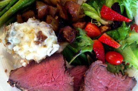Grilled Tri tip beef roast with garlic mashed and red roasted potatoes, asparagus, & a mixed greens salad with strawberries and candied walnuts